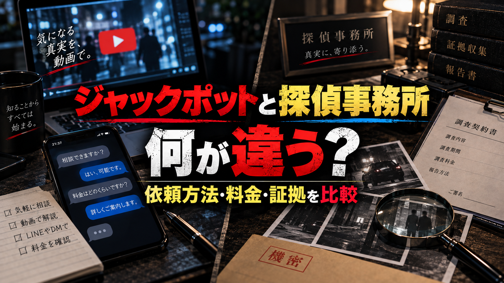 ジャックポットと探偵事務所の浮気調査について、依頼方法・料金・証拠の違いを比較